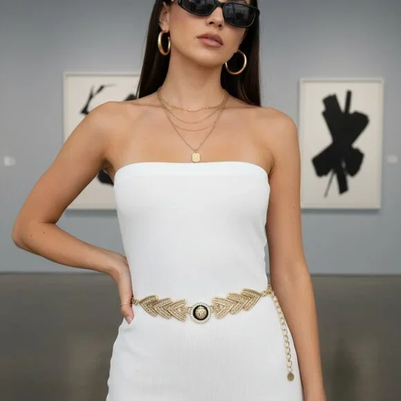 Women Gold Metal Chain Links Arrowhead Fashion Belt Lion Head Coin Charm M L XL - Picture 13 of 17